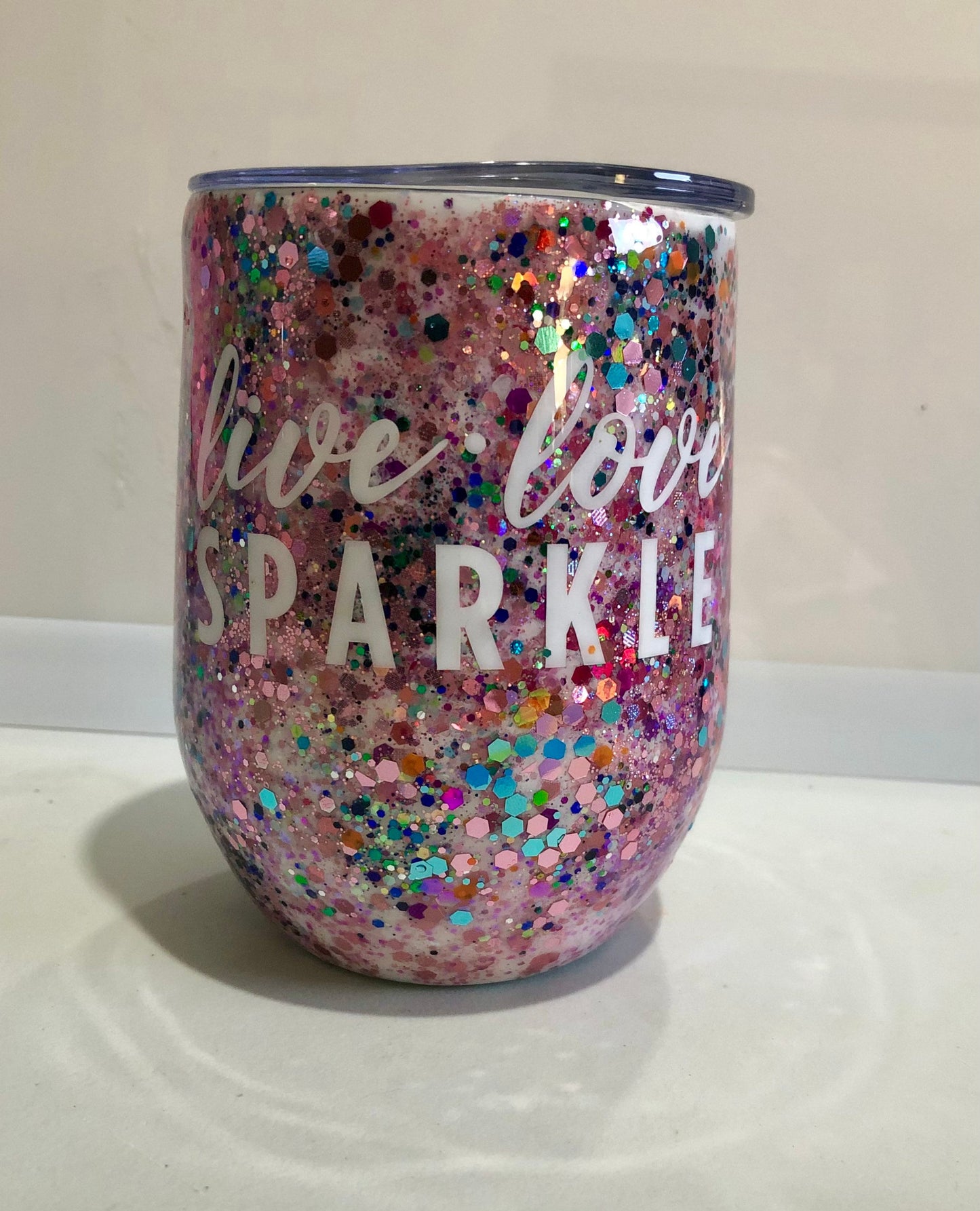 Live, Love, Sparkle. Enjoy a beverage in this 12oz Tumbler.